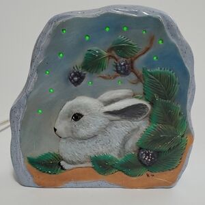 Vintage Forest Bunny with Berries Ceramic Night Light, Handpainted and Signed